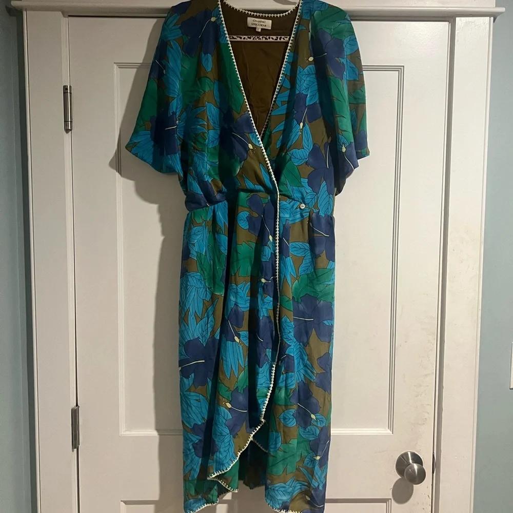 Chasing Unicorns Blue Green Floral Asymmetrical Dress with Tiger Motif